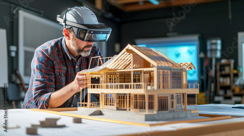 virtual reality architecture 3d construction house building model using with goggle vr headset,architect male using advance technology testing system and construction design on new project vr photo