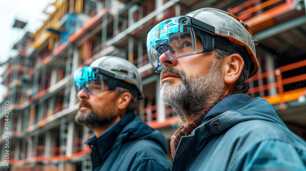 Futuristic Architectural Engineer Wearing Augmented Reality Headset and Using Gestures to Control Commercial Building Construction Site. Futuristic Architectural Engineer Wearing Augmented Reality Headset and Using Gestures to Control Commercial Building Construction Site.
