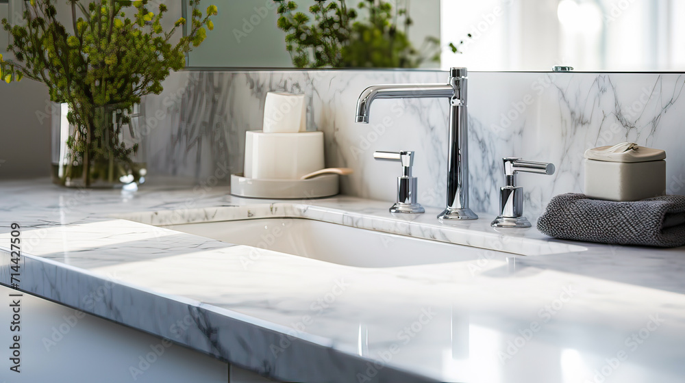 close up of blank empty space on white marble vanity unit counter top with wash basin, faucet and mirror in an exotic style bathroom.