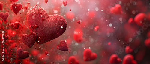 Vibrant red bubbles cascade from the sky like rain  forming heart-shaped objects that evoke feelings of love and whimsy