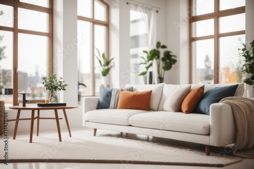 Scandinavian Interior home design of modern living room with white sofa and ornamental plants © Basileus