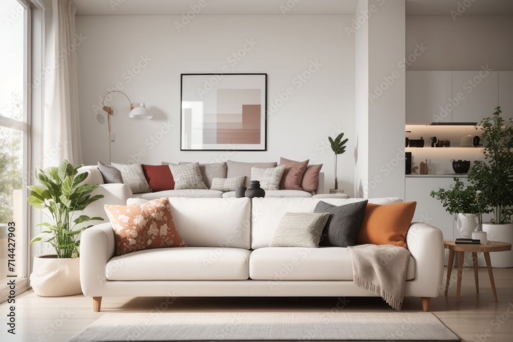 Scandinavian Interior home design of modern living room with white sofa and ornamental plants Scandinavian Interior home design of modern living room with white sofa and ornamental plants