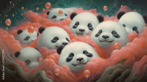 Pandas Playing in Pink Bubbles Happy Whimsical Surreal Fun Cute Playful