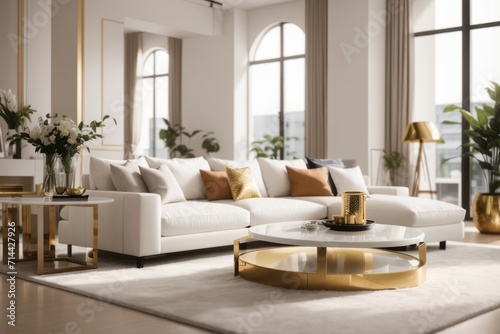 Luxury Interior home design of modern living room with white sofa and luxurious gold table near the window
