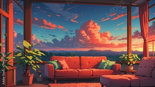  stream overlay loop animation, virtual backgrounds, wallpaper, cozy lo-fi living room, vtuber asset twitch zoom OBS screen, anime chill hip hop.	