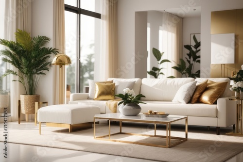 Luxury Interior home design of modern living room with white sofa and luxurious gold table near the window