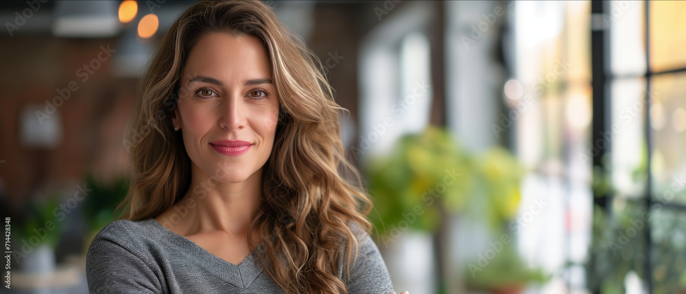 Fototapeta premium Confident Businesswoman in Modern Office Environment: Professionalism and Elegance Combined