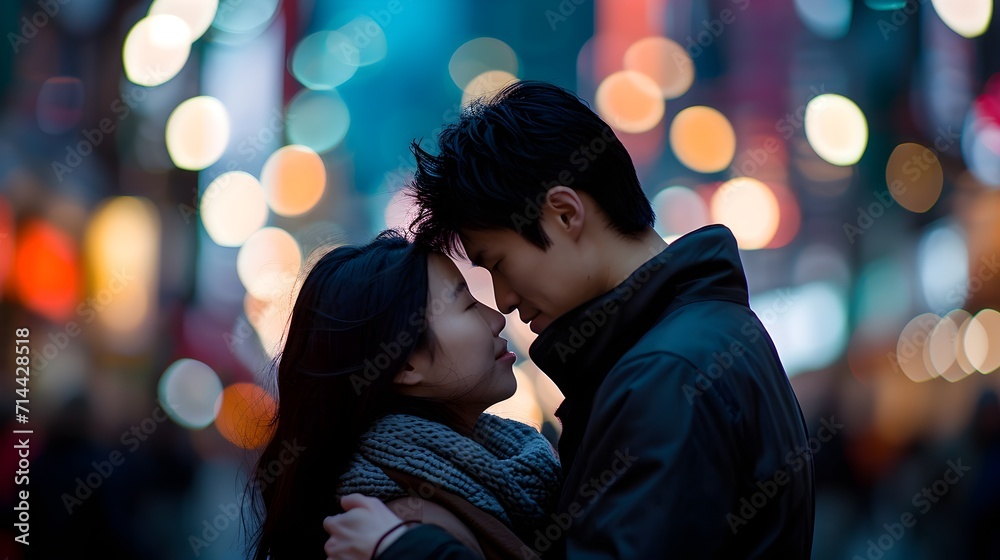 An intimate moment between a couple with a vibrant bokeh of city lights in the background.