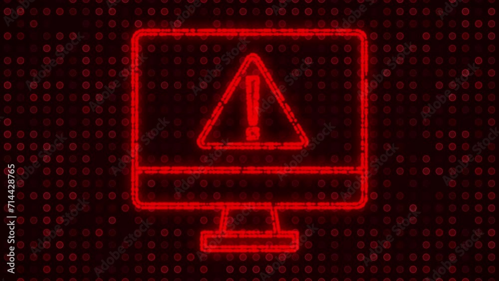 Digital computer and danger triangle icon made of moving red glowing particles on technological red dots background. Concept of virus detected, error, failure, computer hacking and crime.