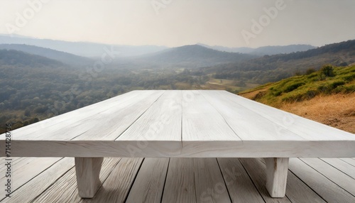 table and  the mountains.a white wooden table isolated on a white background  meticulously highlighting the grain of the wood. Design this scene as an optimal surface for product presentations  convey