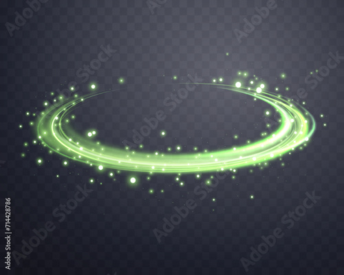 Glowing green magic rings. Dynamic orbital flare halo ring. Neon realistic energy swoosh swirl. Abstract light effect on a dark transparent background. Vector illustration.