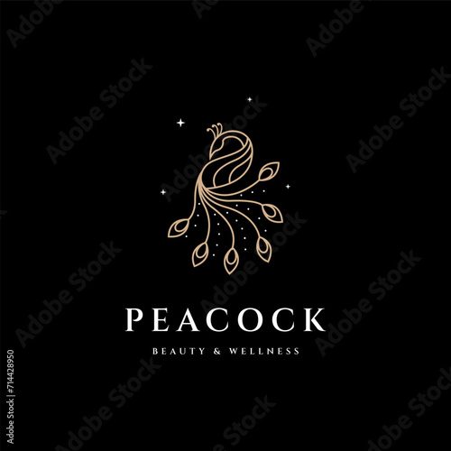 Luxurious Peacock logo design vector with gold color line style