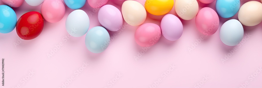 Top view of colorful Easter eggs on soft pink background. Multicolor painted eggs banner on light surface. Generative AI. Top view of colorful Easter eggs on soft pink background. Multicolor painted eggs banner on light surface. Generative AI.