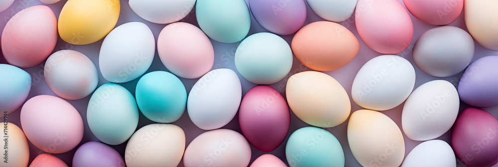 Top view of colorful Easter eggs on soft purple background. Multicolor painted eggs banner on light violet surface. Generative AI. Top view of colorful Easter eggs on soft purple background. Multicolor painted eggs banner on light violet surface. Generative AI.