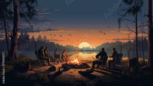 People around a campfire by the lake in the afternoon, sunset and pine trees in the background photo
