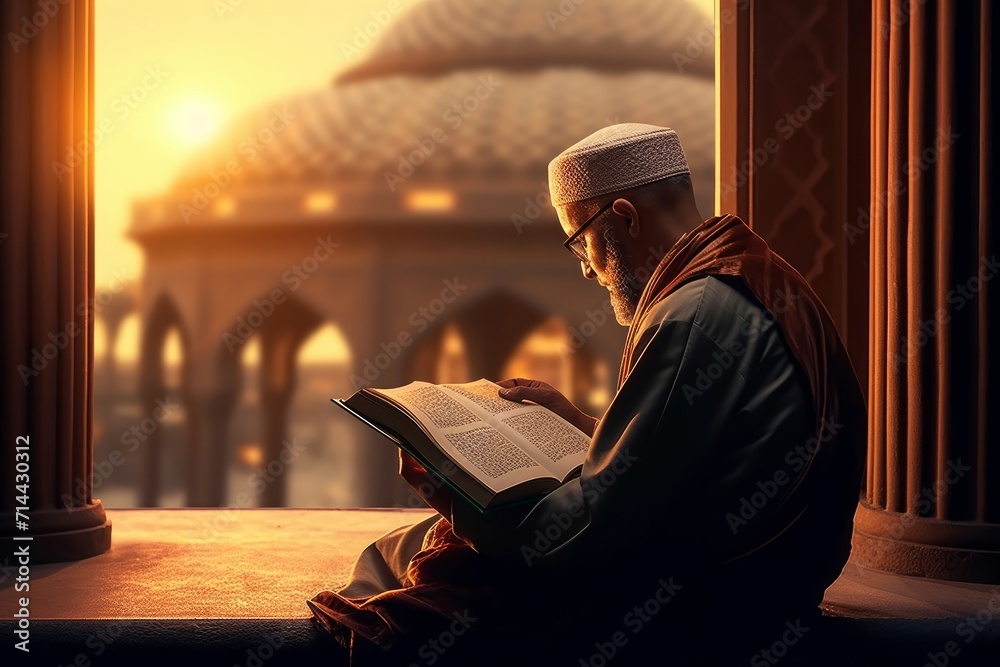 Muslim reading Quran in Mosque at sunset, beautiful religion and knowledge concept, Generative AI