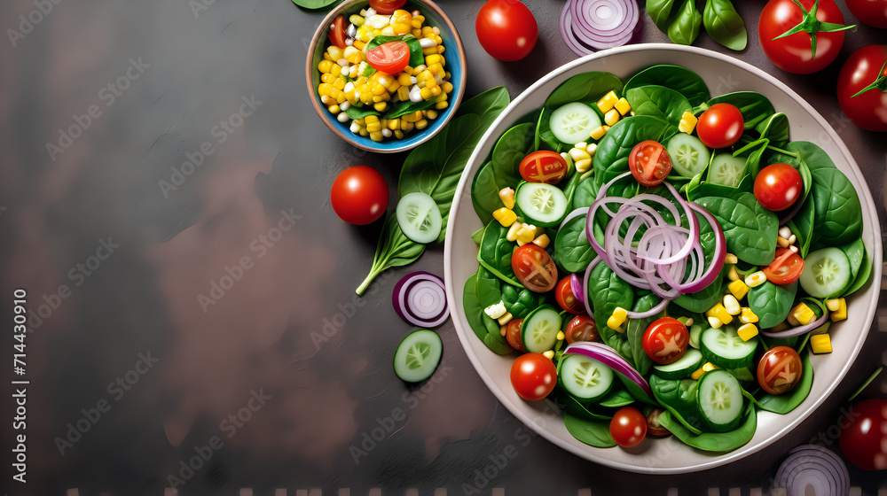 Spinach salad with cherry tomatoes, corn salad, cucumber and red onion. Healthy food concept, Food for diet. Gray stone background. Top view with text space. Generated with AI.