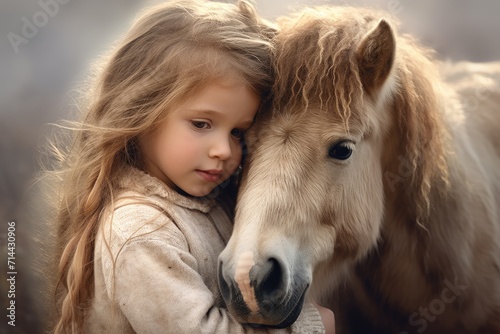 Little cute girl tenderly embraces a light pony.