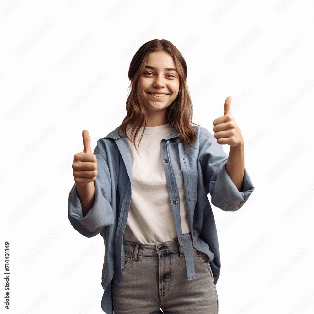 Girl with Two Thumbs Raised as a Sign of Positivity Girl with Two Thumbs Raised as a Sign of Positivity