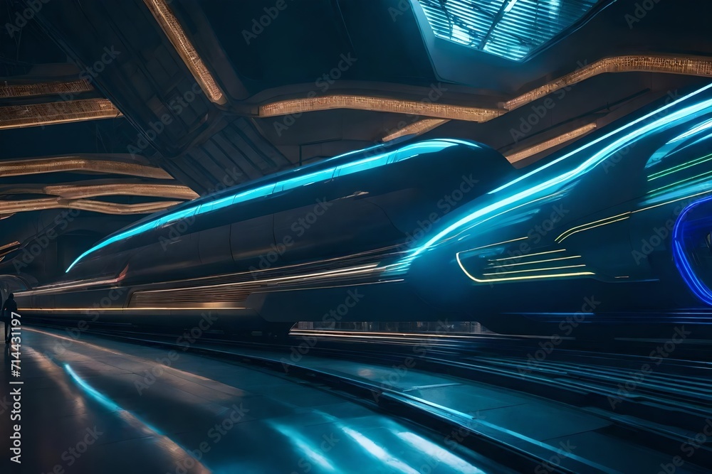 A cutting-edge transportation hub featuring sleek, magnetic levitation trains weaving through futuristic architecture.