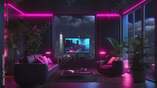 stream overlay loop. modern living room with sofa & purple lighting. virtual backgrounds animation. relaxing, peaceful cozy apartment at night, vtuber asset twitch zoom OBS screen, anime chill hip hop
