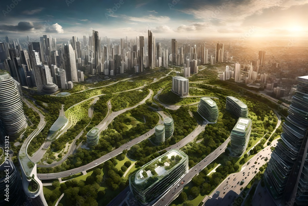 A panoramic shot of a sprawling smart city with interconnected skyscrapers showcasing sustainable architecture and green spaces.