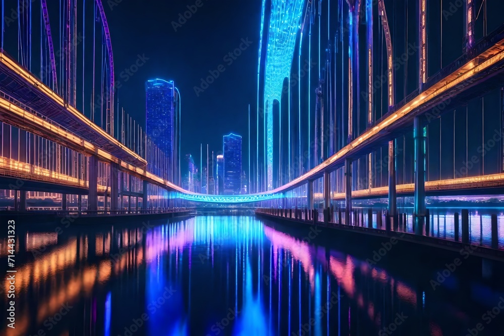 A futuristic cityscape beneath a dazzling display of interconnected holographic bridges, reflecting in the calm waters of a vast artificial lake.