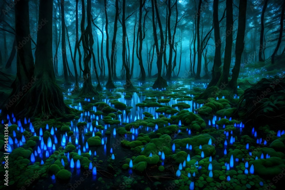 A lush, otherworldly forest bathed in the soft glow of bioluminescent plants.
