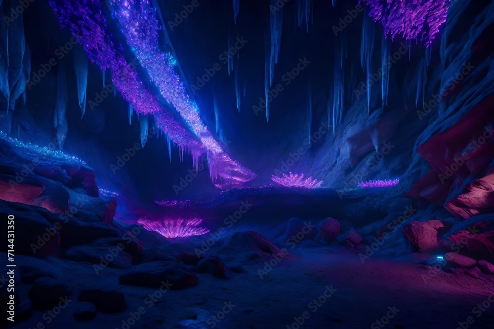 A subterranean cavern adorned with luminescent crystals, casting a mesmerizing glow on the alien rock formations and subterranean flora.