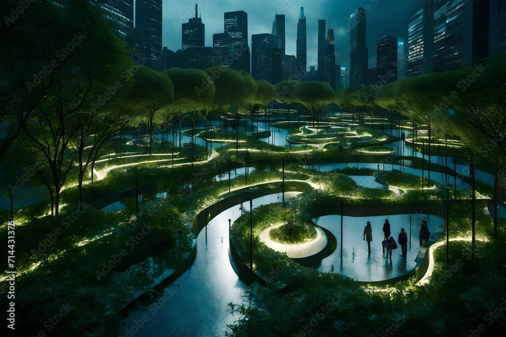 A sprawling network of smart gardens and parks seamlessly integrated into urban landscapes, promoting sustainability.