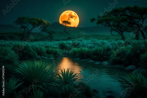 Obraz na płótnie A lush, otherworldly landscape bathed in the soft glow of a double moonrise, with exotic flora and fauna dotting the horizon. w salonie