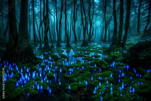 Obraz na płótnie A lush, otherworldly forest bathed in the soft glow of bioluminescent plants. w salonie
