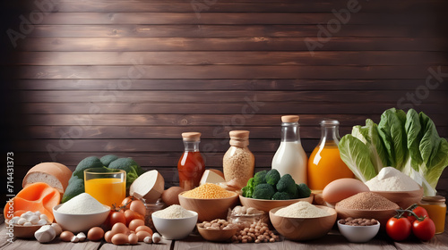 Healthy food. High fiber and carbohydrates with grains. Wooden background. Text space.