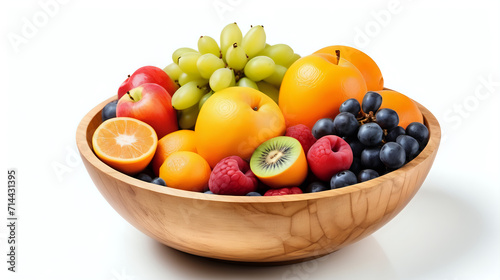 Mix tropical fruit in wooden bowl on white background. Text space. Generated with AI.