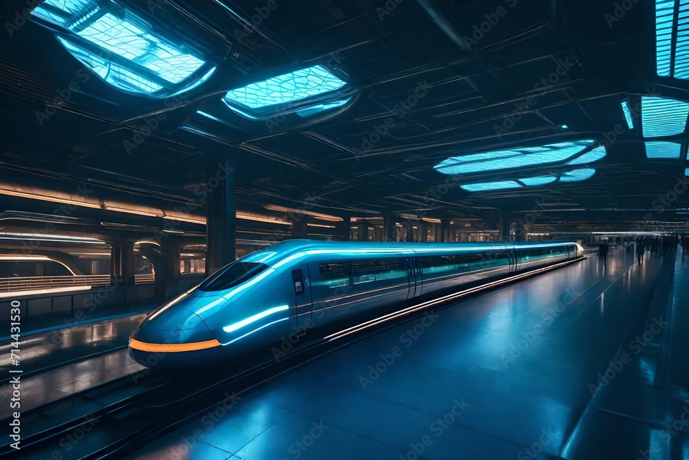 A cutting-edge transportation hub featuring sleek, magnetic levitation trains weaving through futuristic architecture.