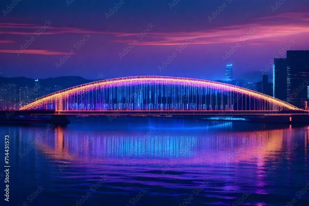A futuristic cityscape beneath a dazzling display of interconnected holographic bridges, reflecting in the calm waters of a vast artificial lake.