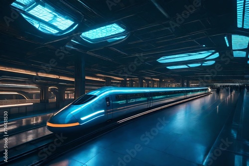 Obraz na płótnie A cutting-edge transportation hub featuring sleek, magnetic levitation trains weaving through futuristic architecture. w salonie