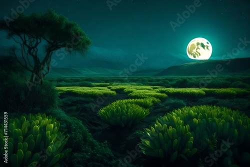 A lush, otherworldly landscape bathed in the soft glow of a double moonrise, with exotic flora and fauna dotting the horizon.