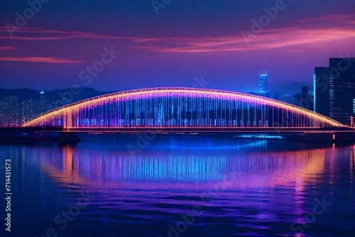 Obraz na płótnie A futuristic cityscape beneath a dazzling display of interconnected holographic bridges, reflecting in the calm waters of a vast artificial lake. w salonie