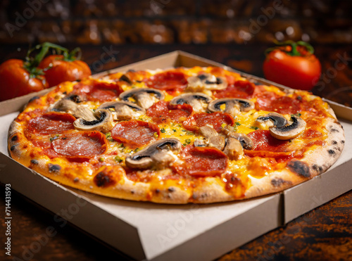 Close up image of a pepperoni and mushroom pizza in a box. Pizza delivery concept. Wood oven fried pizza hot out of the oven