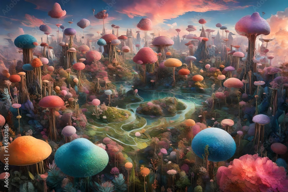 A field of floating islands, each supporting a unique ecosystem of vibrant and fantastical plant life, hovering in a dreamlike sky.