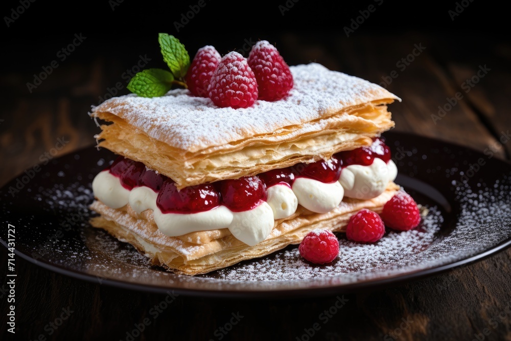 Traditional French mille-feuille with layers of puff pastry and cream, dusted with powdered sugar and garnished with raspberries.