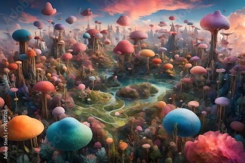 Obraz na płótnie A field of floating islands, each supporting a unique ecosystem of vibrant and fantastical plant life, hovering in a dreamlike sky. w salonie