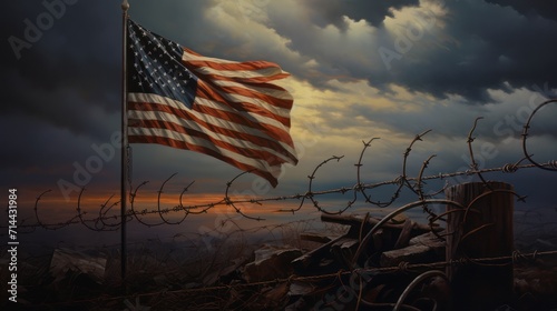 The American flag flies in the gloomy, cloudy atmosphere of barbed wire on the battlefield.