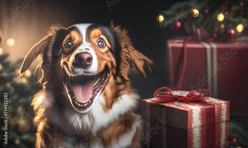 Front portrait of Australian Shepherd dog with happy crazy funny facial expression and colorful wrapped Christmas gift. Xmas tree balls and lights background.Happy New Year concept.Time for presents. photo