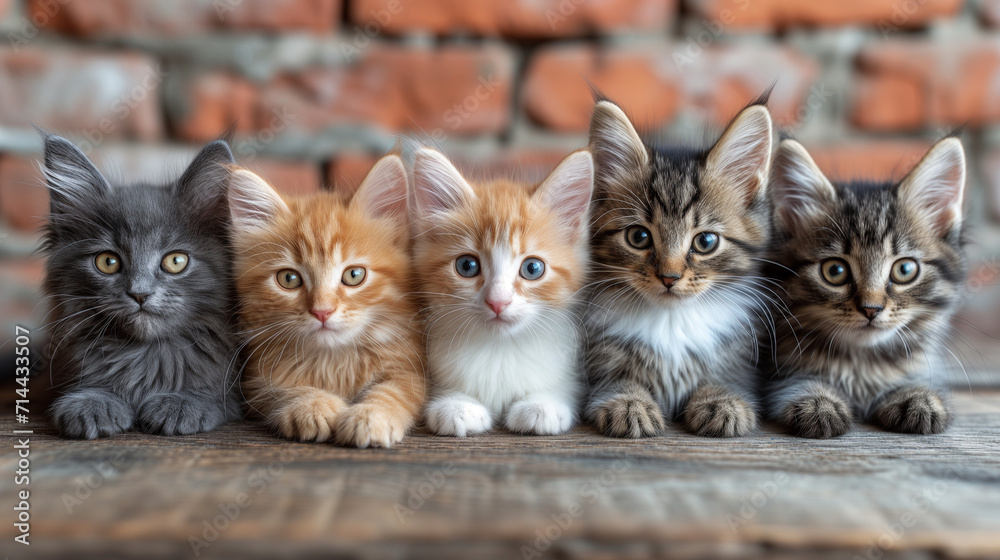 three cute cats sitting on the ground. kittens