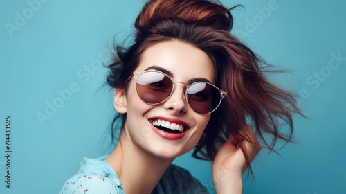 Portrait of a beautiful young woman with red hair wearing sunglasses.