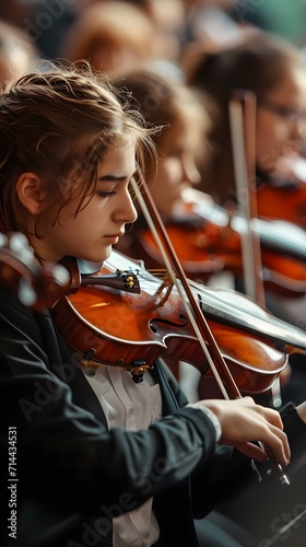 Back to school, Musical Ensemble, Capture the passion and dedication of students practicing in a school orchestra, background image, generative AI