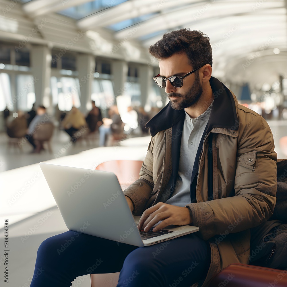 A Man Working on his Laptop at the Airport A Man Working on his Laptop at the Airport