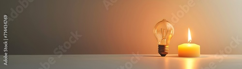 A light bulb and a candle side by side against white background with space for text, background image, generative AI